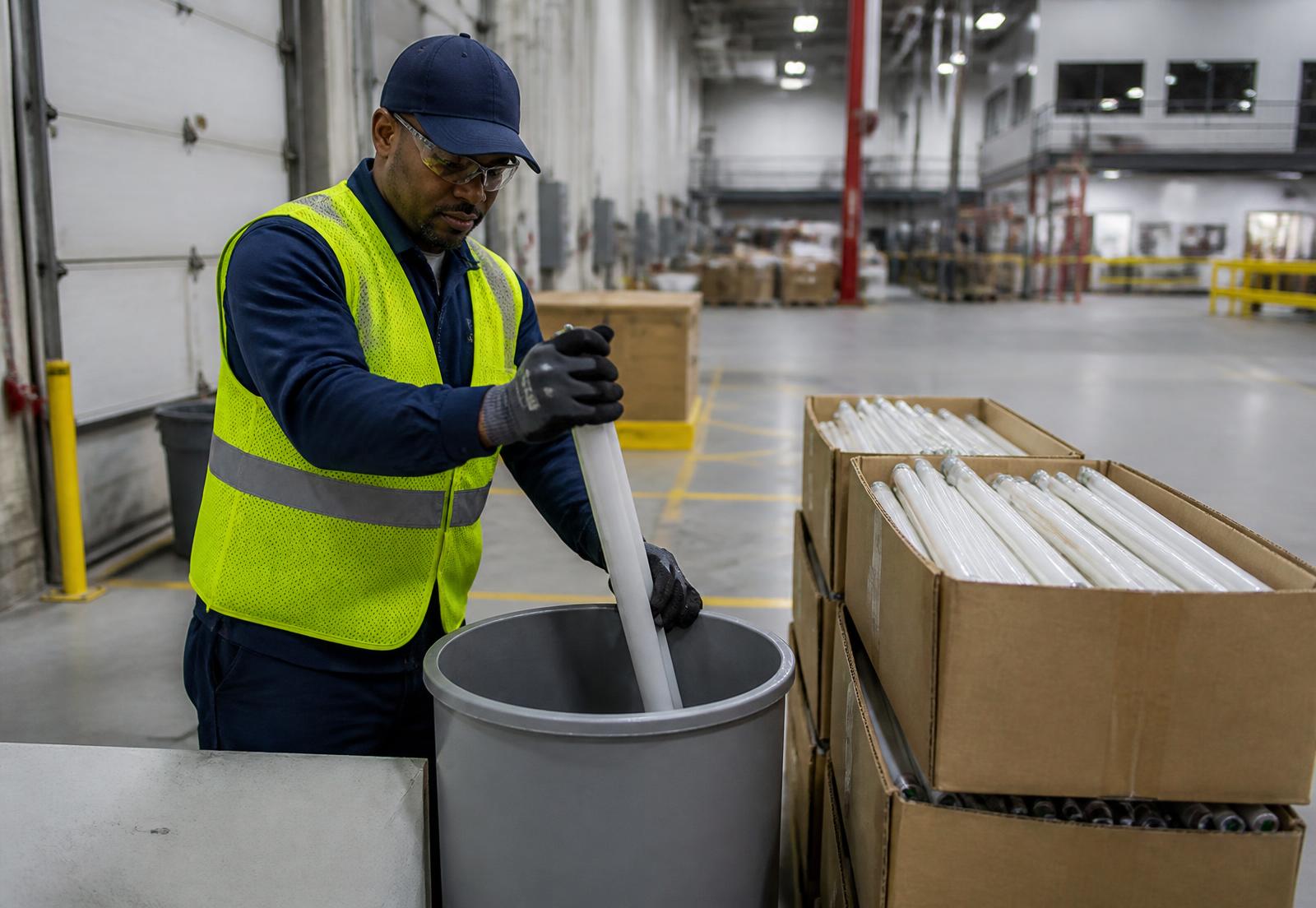 Equipe fazendo a coleta de lâmpadas em ambiente corporativo